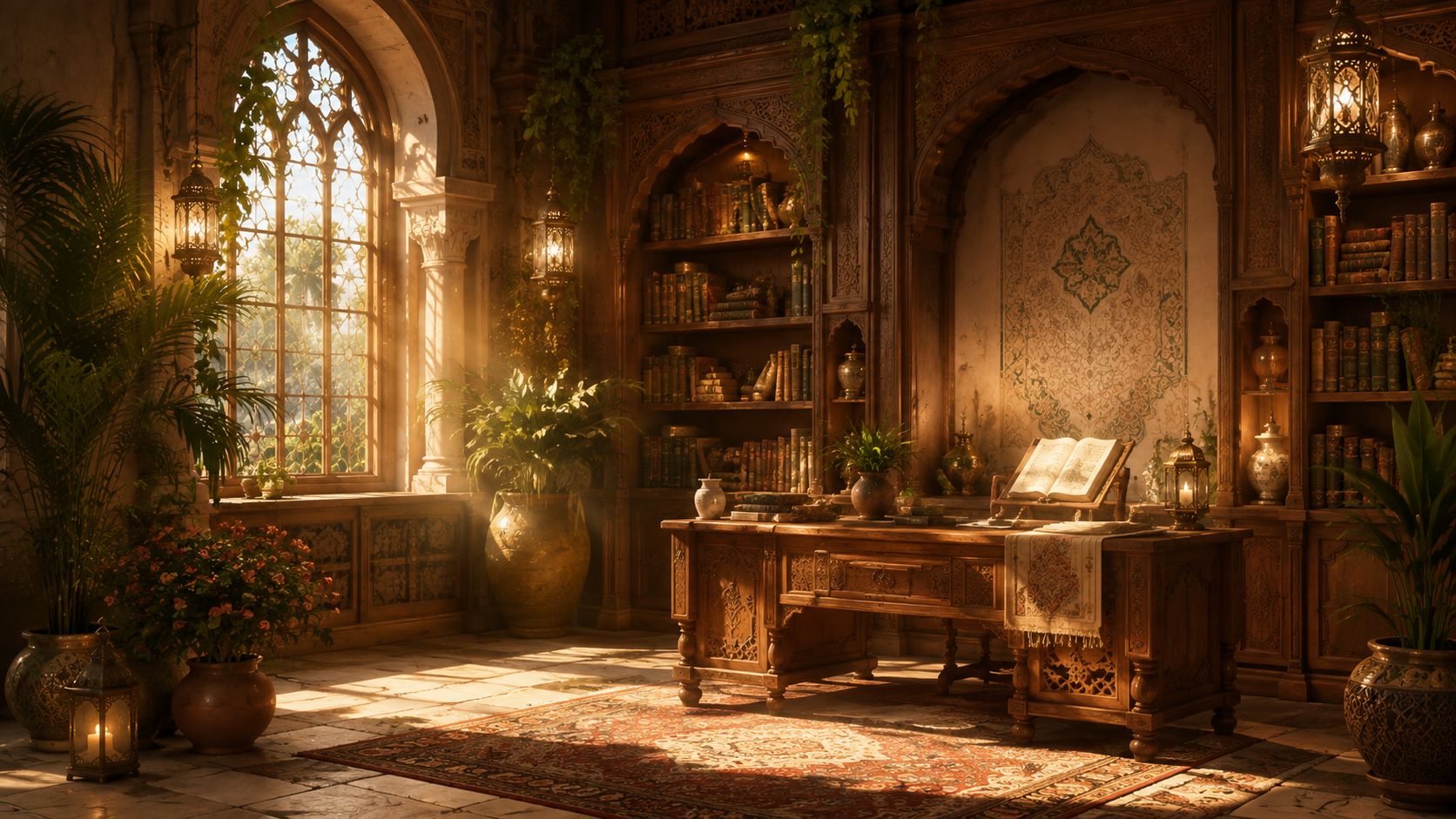 Warmly lit Islamic-inspired library with ornamental arches